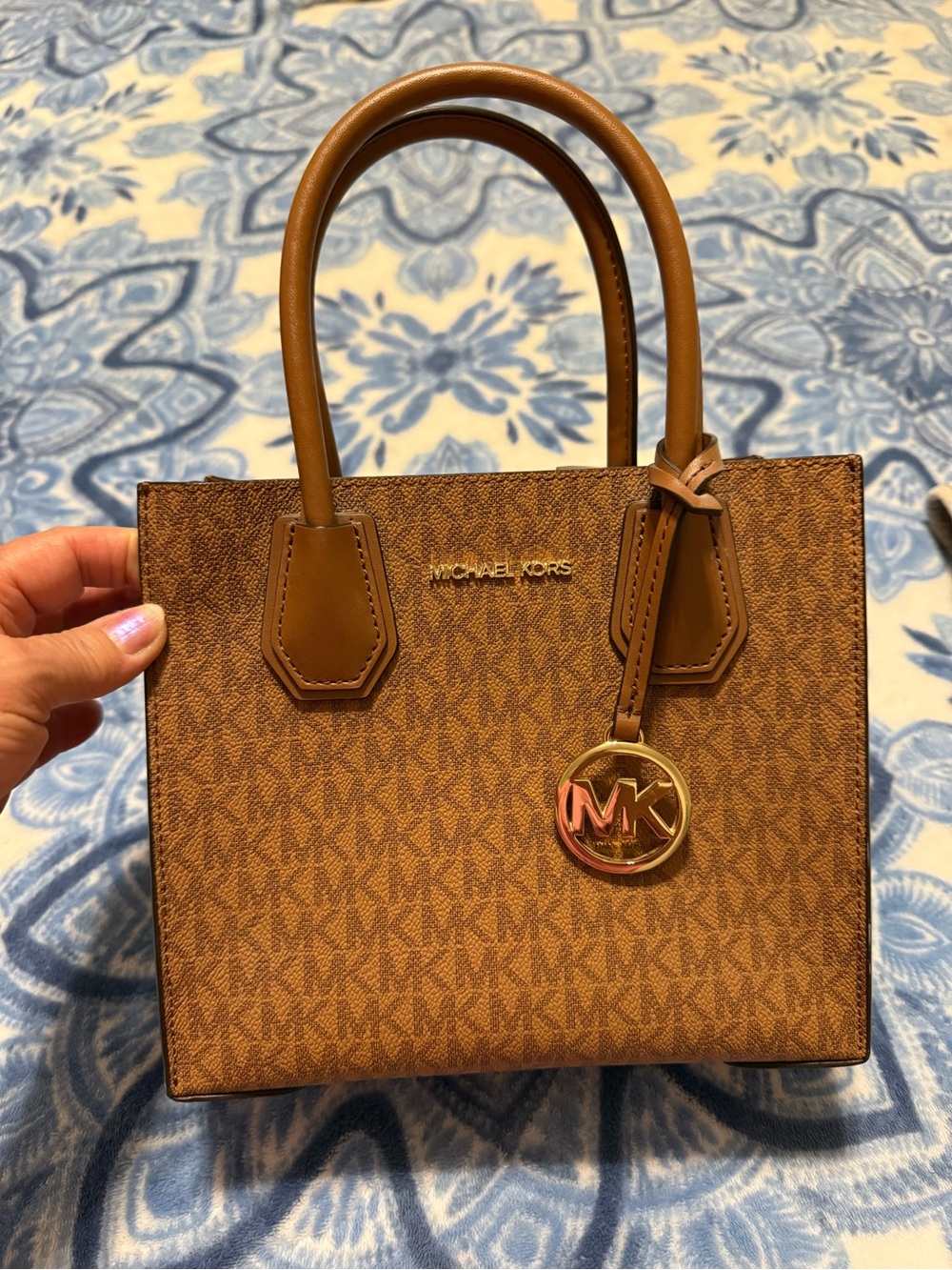 Michael Kors Tan Brown Logo Mini Tote with Gold MK Charm